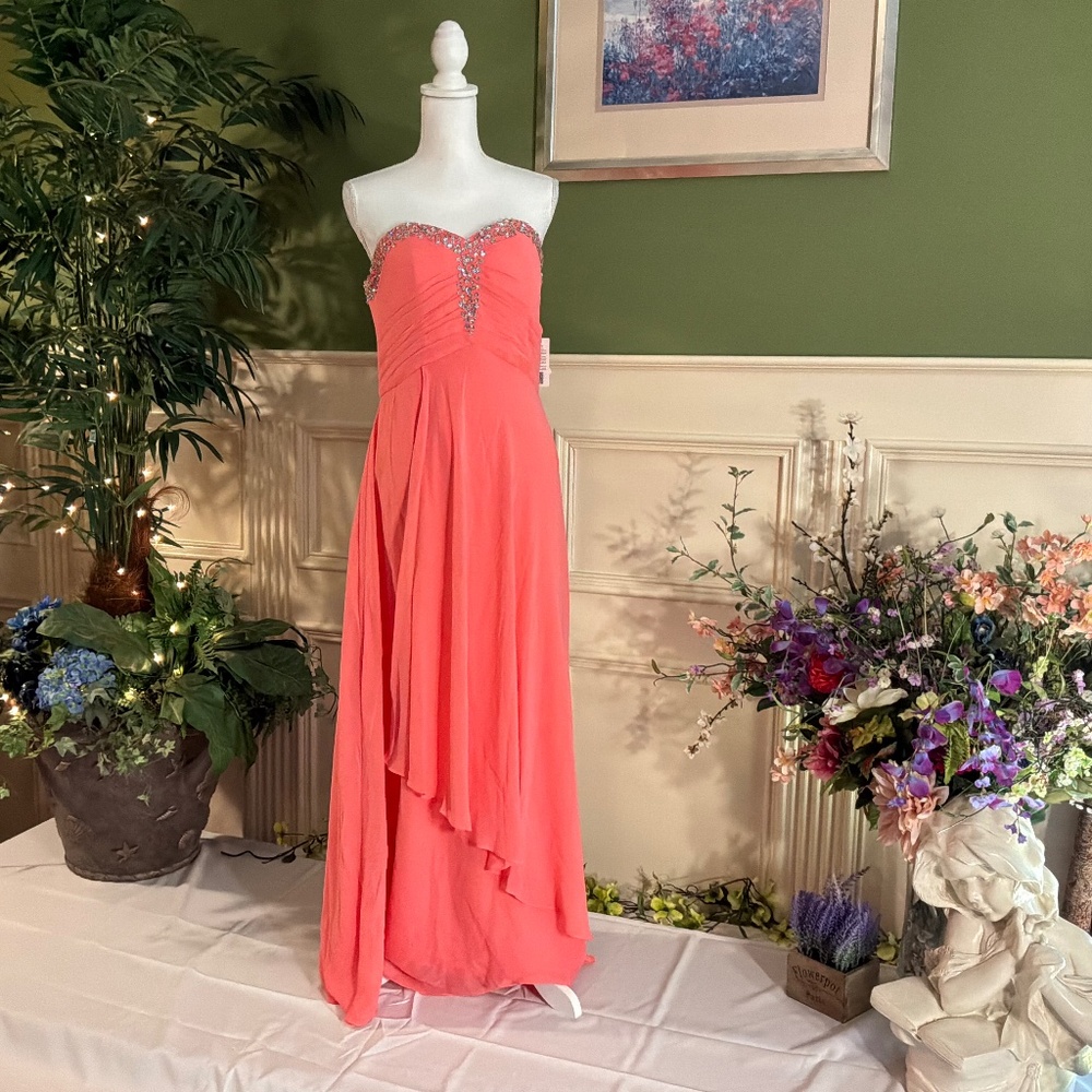 Strapless Coral pink chiffon prom dress